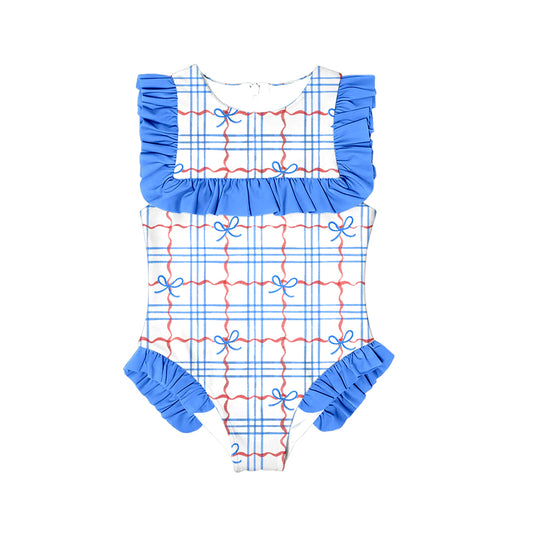 preorder S0590 July 4th bows blue checkered girls swimsuits