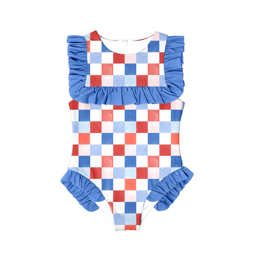 preorder S0593 July 4th red blue checkered girls swimsuits