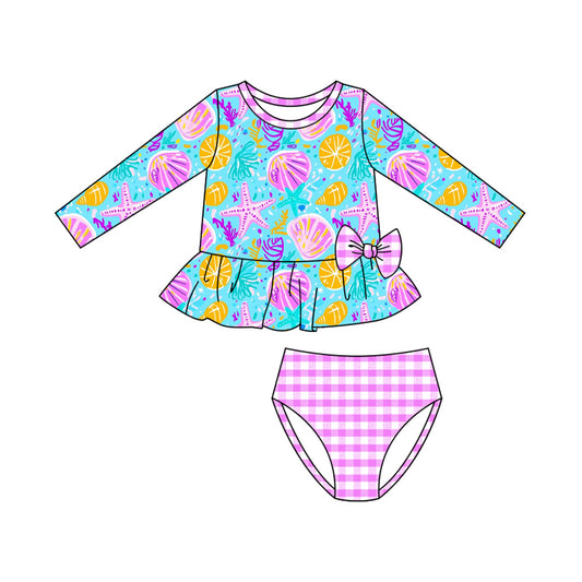 preorder S0600 shell starfish pink checkered long sleeve girls swimsuits