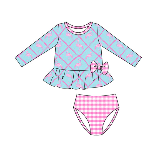 preorder S0601 flamingo bow pink checkered long sleeve girls swimsuits