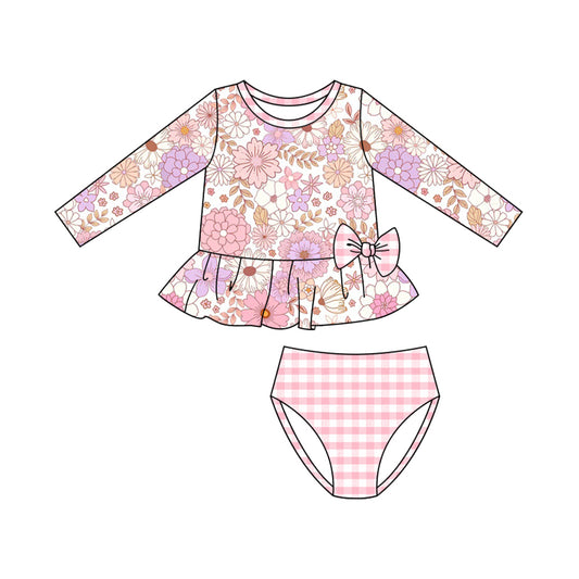 preorder S0602 flowers pink checkered long sleeve girls swimsuits