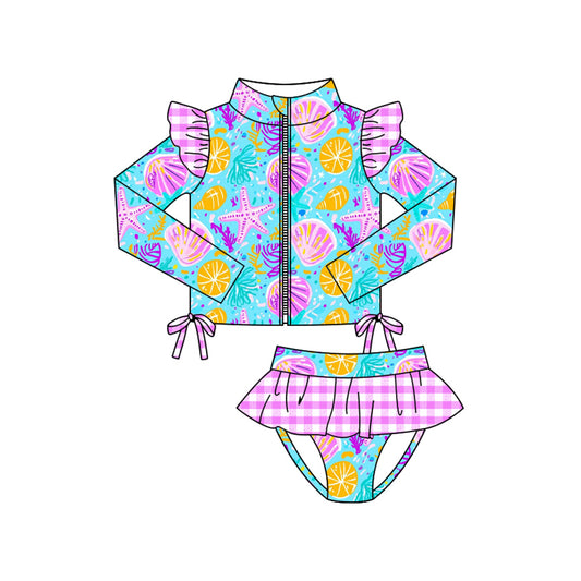 preorder S0603 shell starfish pink checkered zipper long sleeve girls swimsuits