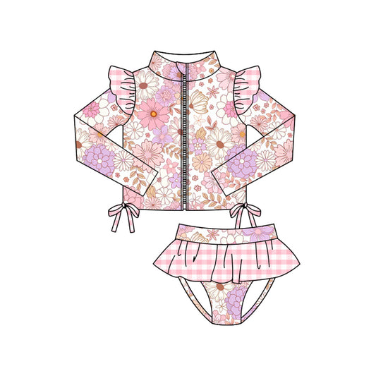 preorder S0605 flowers pink checkered zipper long sleeve girls swimsuits