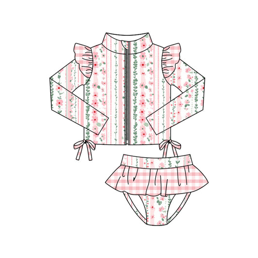 preorder S0606 Pink Flowers Floral Zipper Long Sleeve Girls Swimsuits