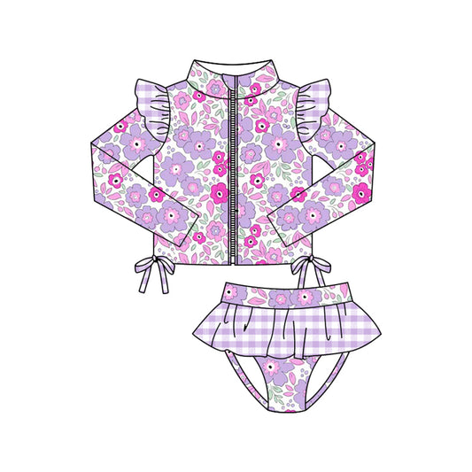 preorder S0607 Purple Flowers Floral Zipper Long Sleeve Girls Swimsuits