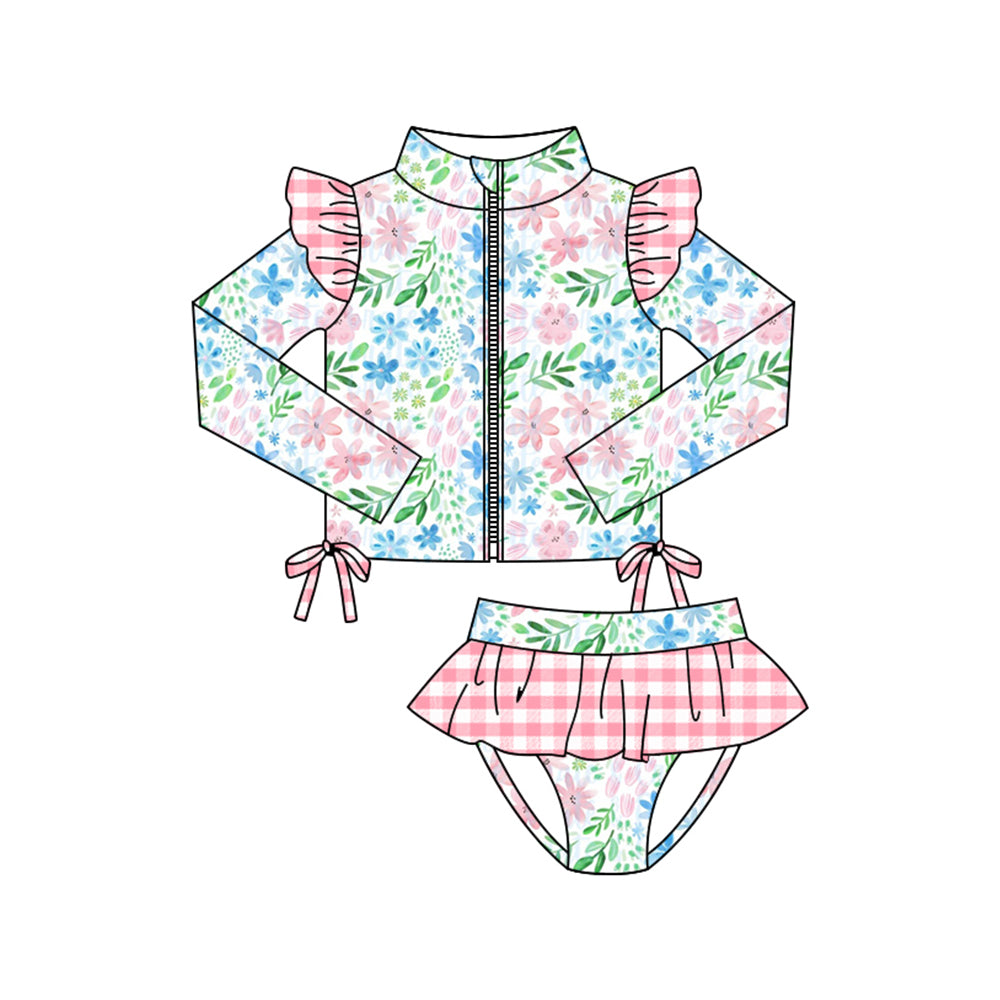 preorder S0608 Blue Pink Flowers Floral Zipper Long Sleeve Girls Swimsuits