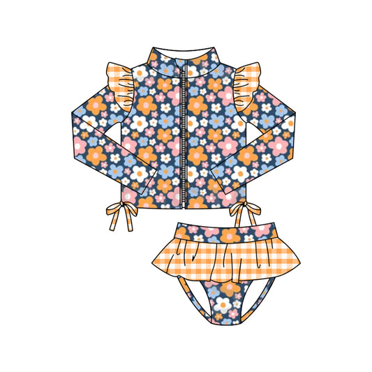 preorder S0609 Colorful Flowers Floral Blue Orange Zipper Long Sleeve GIrls Swimsuits