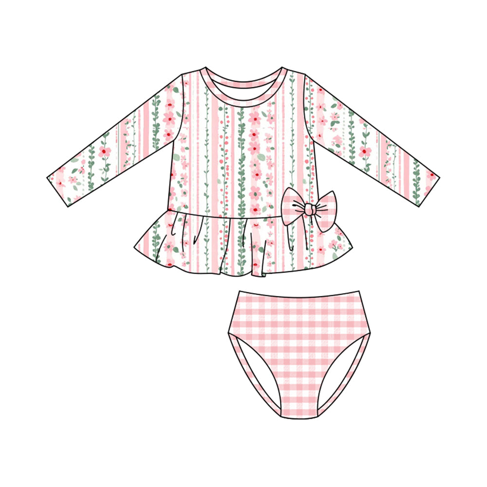 preorder S0610 Pink Flowers Floral Long Sleeve Girls Swimsuits