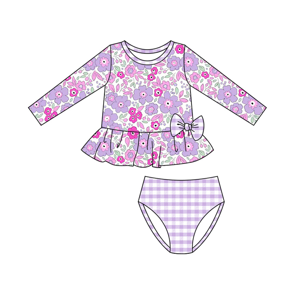 preorder S0611 Purple Flowers Floral Long Sleeve Girls Swimsuits