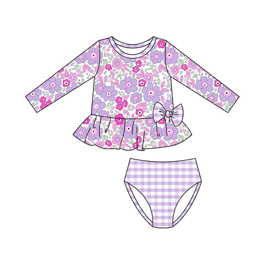 preorder S0611 Purple Flowers Floral Long Sleeve Girls Swimsuits