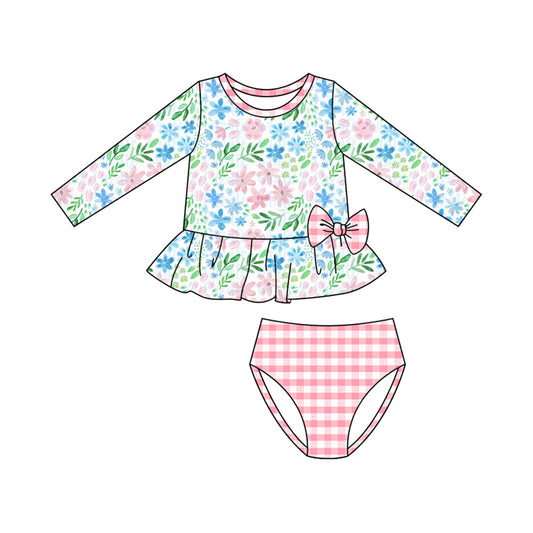 preorder S0612 Blue Pink Flowers Floral Long Sleeve Girls Swimsuits