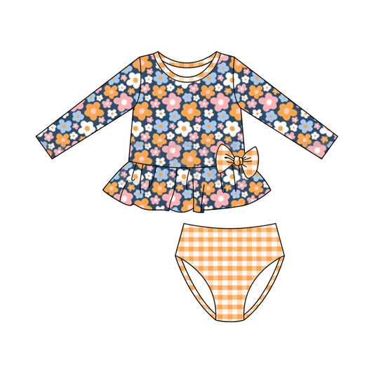 preorder S0613 Colorful Flowers Floral Blue Orange Long Sleeve GIrls Swimsuits