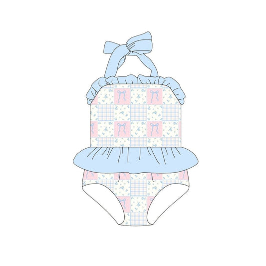 preorder S0641 Bows Flowers Pink Blue Flutter Sleeve Girls Swimsuits