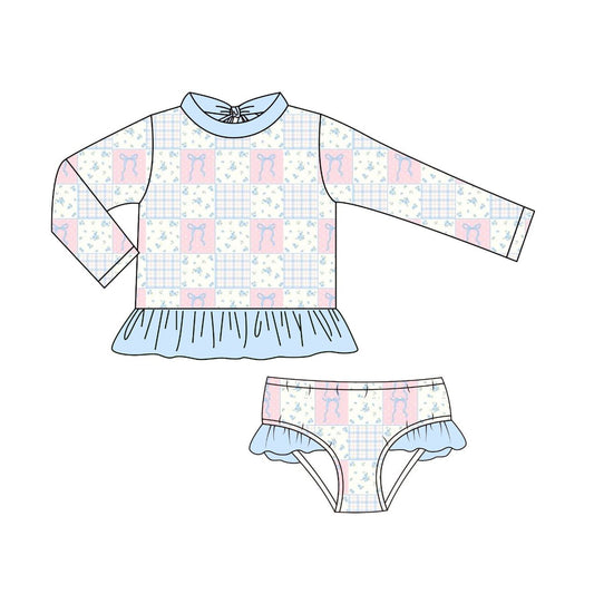preorder S0642 Bows Flowers Pink Blue Long Sleeve Shorts Girls Swimsuits