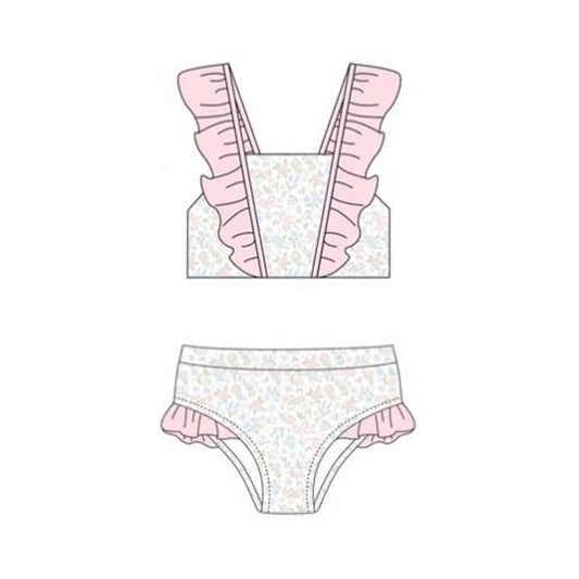 preorder S0653 Pink Flowers Floral Flutter Sleeve Shorts Girls Swimsuits