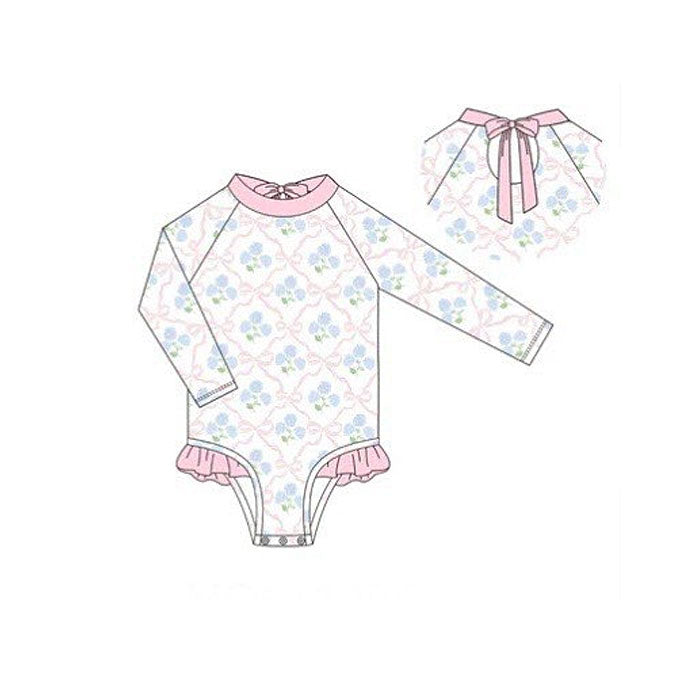 preorder S0655 Blue Flowers Pink Bows Long Sleeve Girls Swimsuits