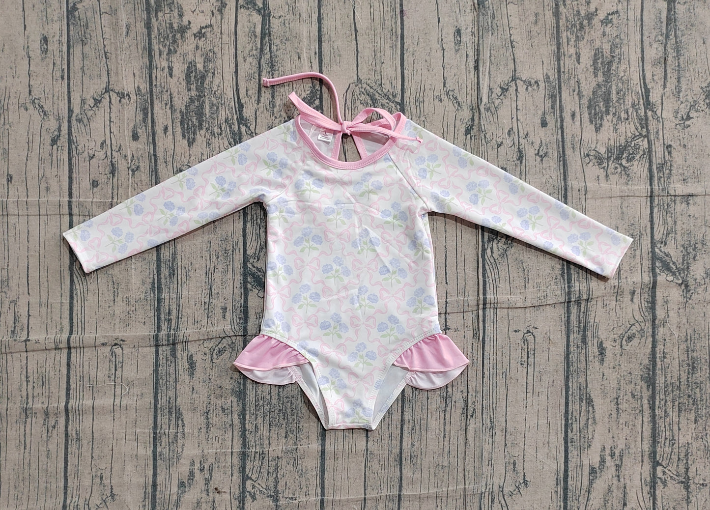 preorder Samples S0655 Flowers Bows Pink Long Sleeve Girls Swimsuits