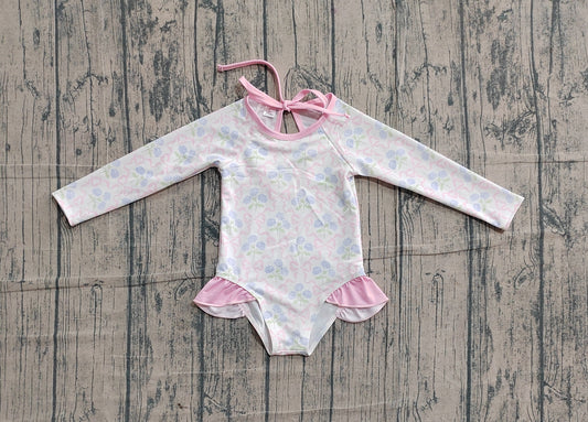 preorder Samples S0655 Flowers Bows Pink Long Sleeve Girls Swimsuits