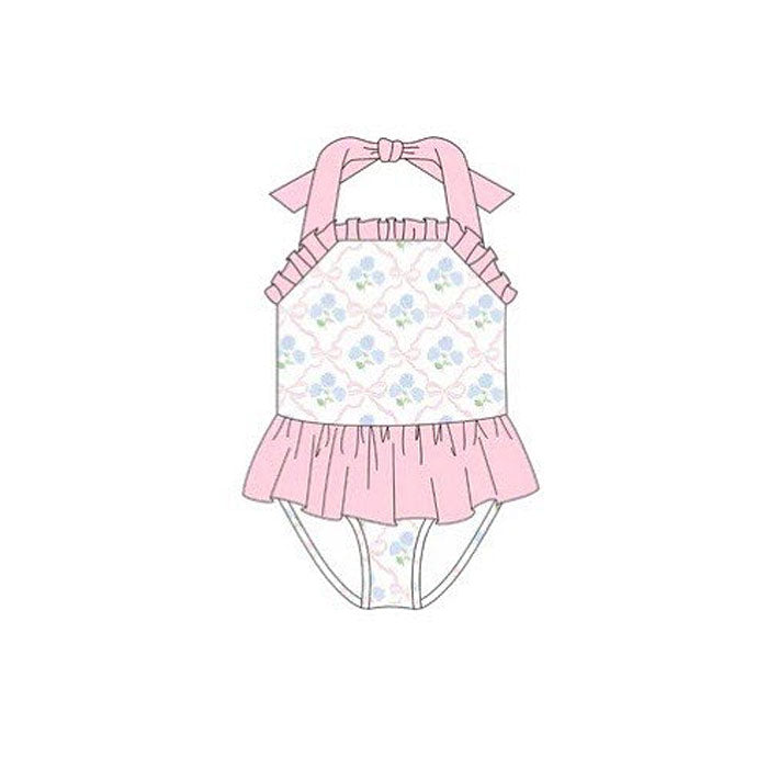 preorder S0657 Blue Flowers Pink Bows Girls Swimsuits