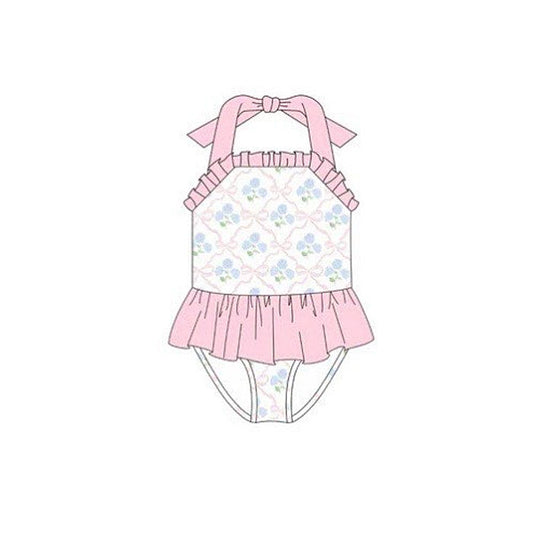 preorder S0657 Blue Flowers Pink Bows Girls Swimsuits