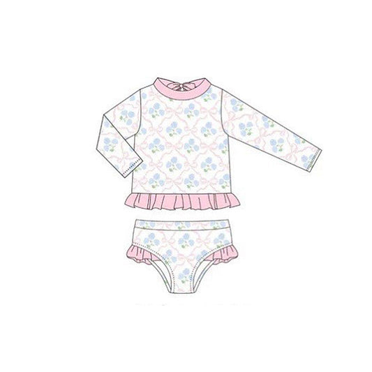 preorder S0658 Blue Flowers Pink Bows Long Sleeve Shorts Girls Swimsuits