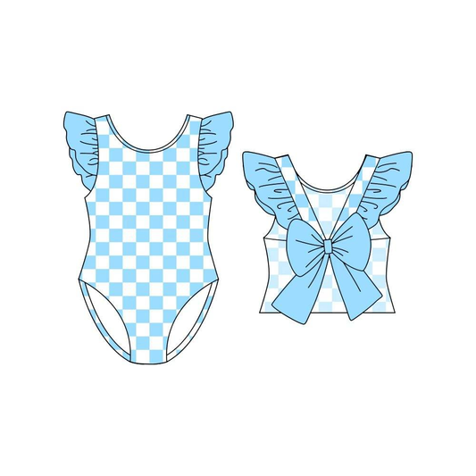preorder S0707 Blue Checkered Girls Swimsuits
