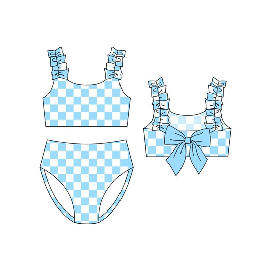 preorder S0708 Blue Checkered Girls Swimsuits
