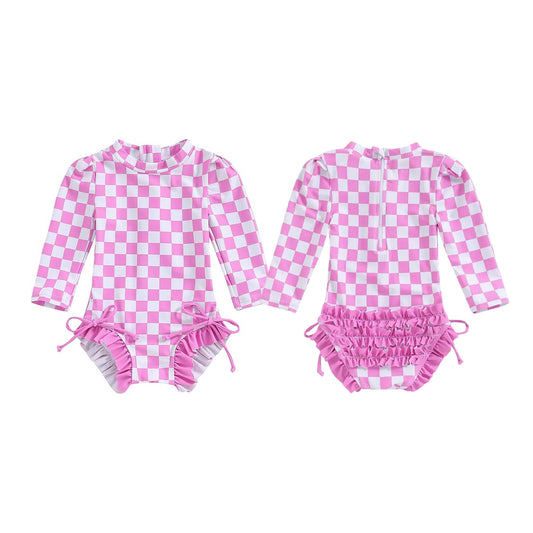 preorder S0715 Hot Pink Checkered Girls Swimsuits