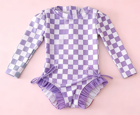preorder S0716 Purple Checkered Girls Swimsuits