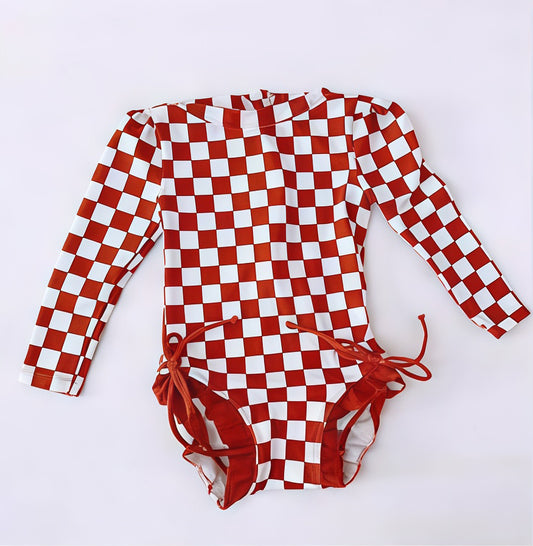 preorder S0717 Maroon Checkered Girls Swimsuits