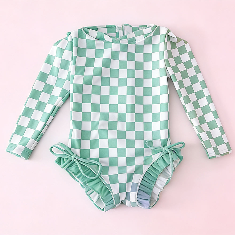 preorder S0718 Green Checkered Girls Swimsuit
