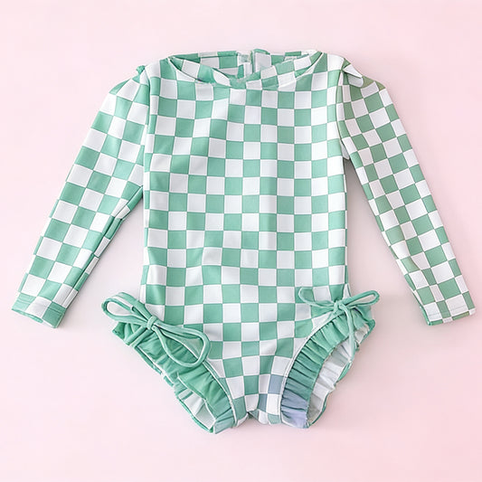 preorder S0718 Green Checkered Girls Swimsuit