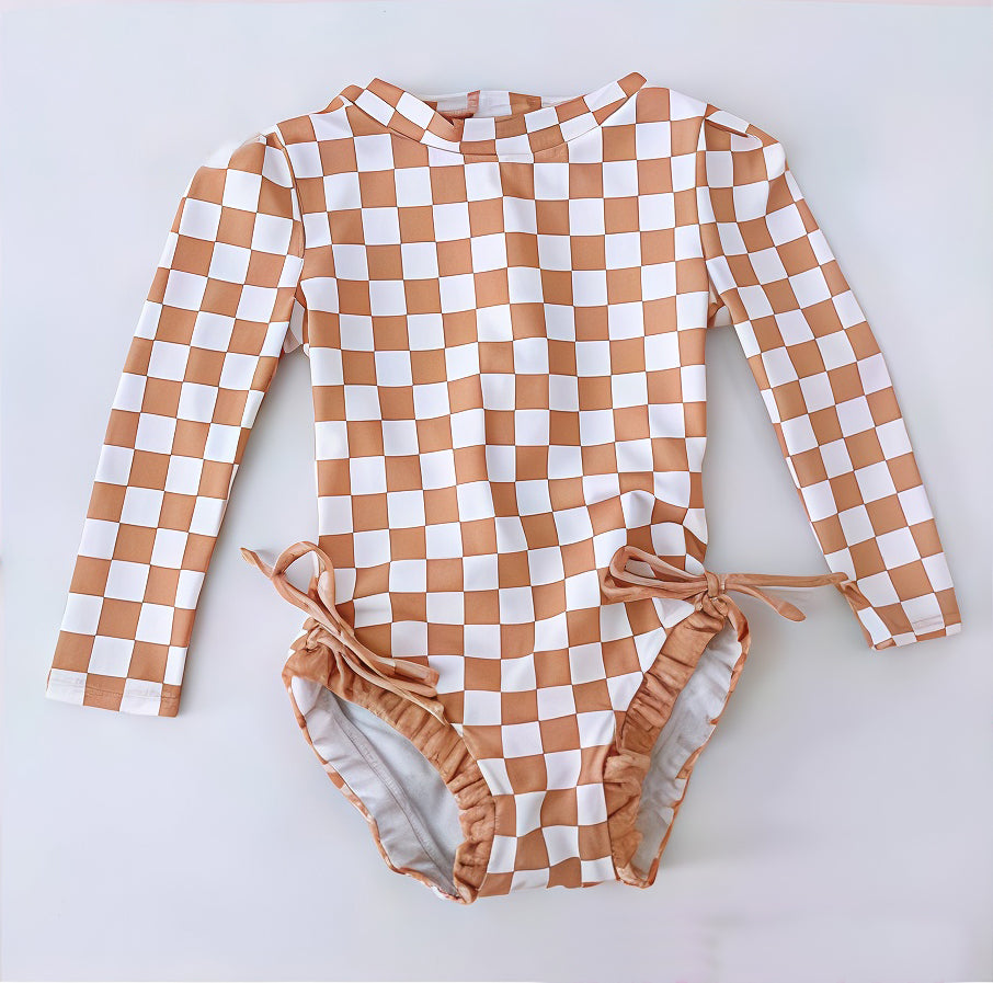 preorder S0719 Khaki Checkered Girls Swimsuit