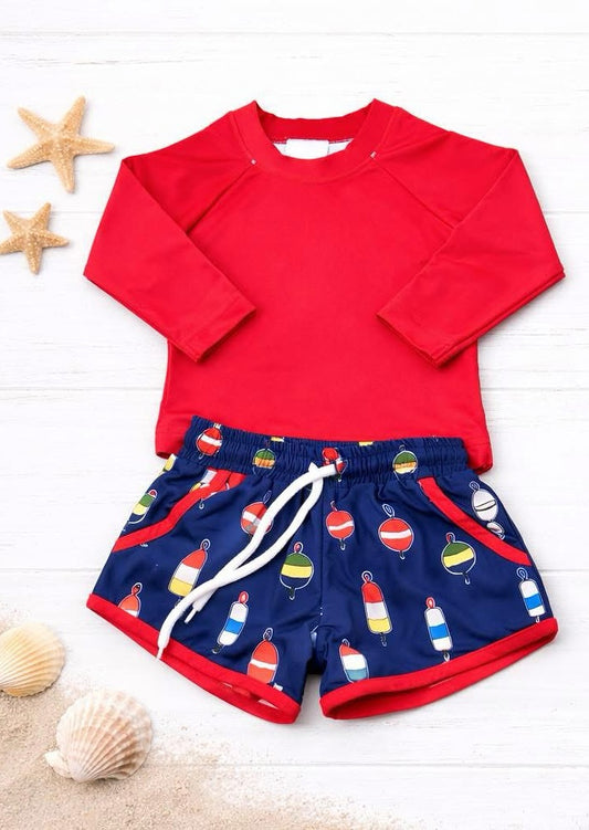 preorder S0728 Fishing Red Long Sleeve Shorts Boys Swimsuits