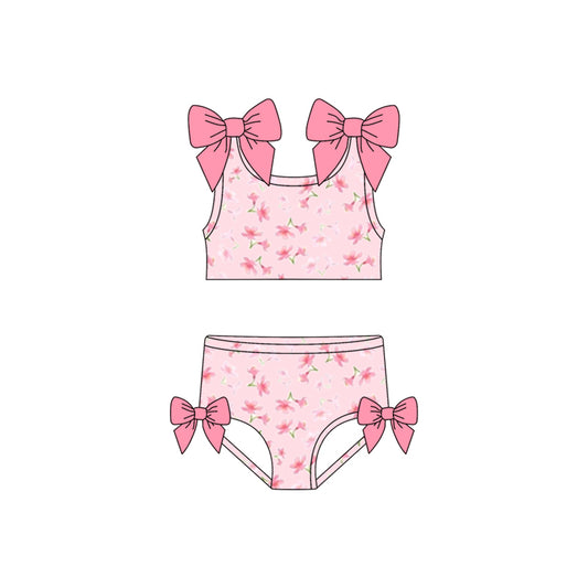 preorder S0739 Pink Flowers Bows Sleeveless Girls Swimsuits