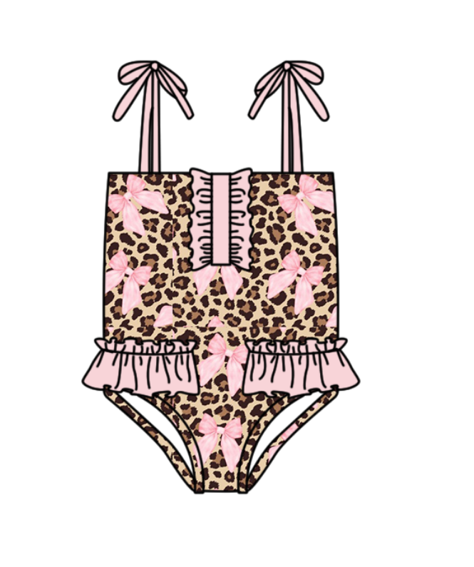 preorder S0742 Pink Bows Leopard Girls Swimsuits