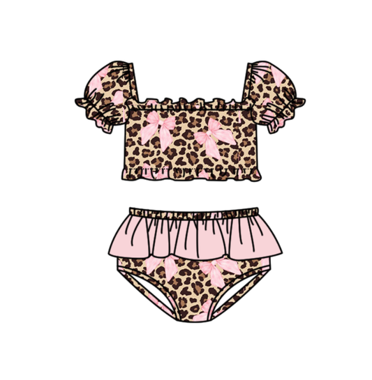preorder S0743 Pink Bows Leopard Girls Swimsuits