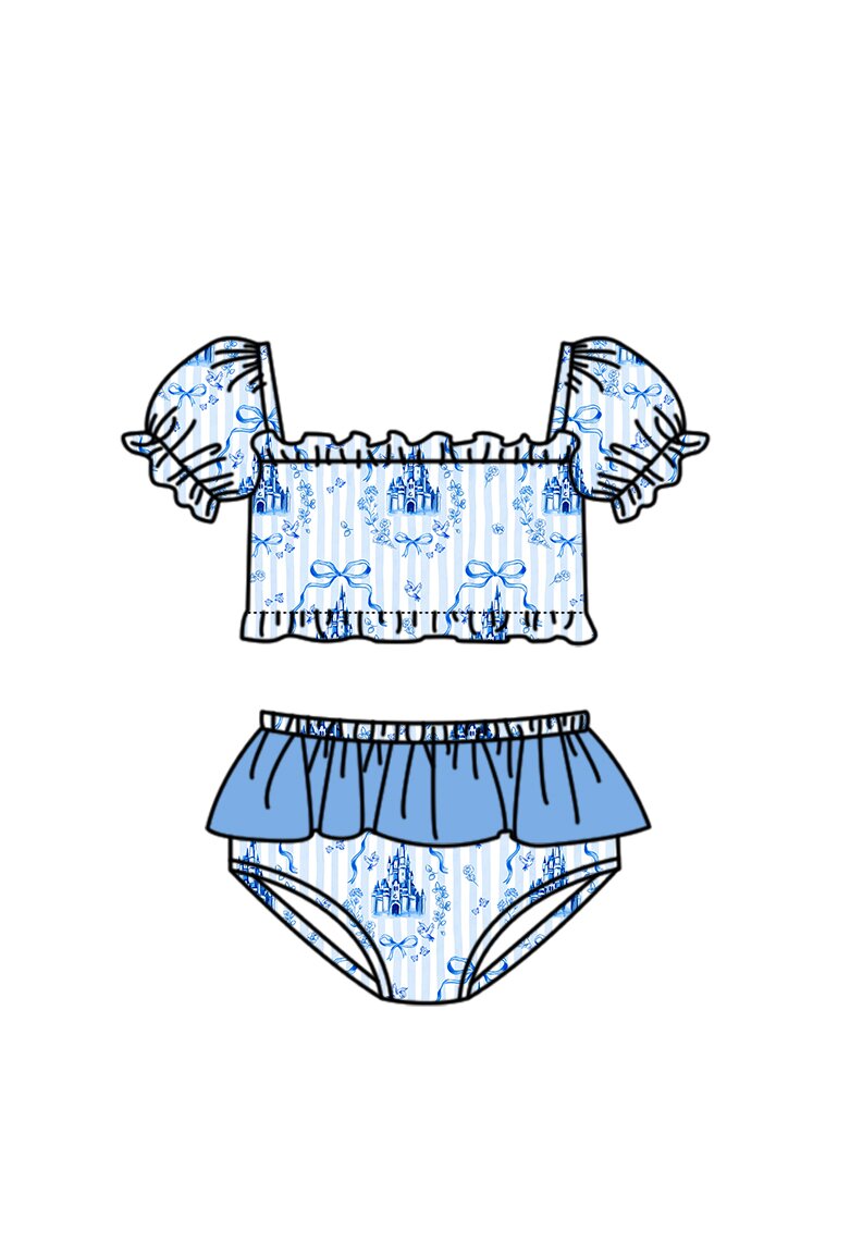preorder S0758 Blue Castle Bows Girls Swimsuits
