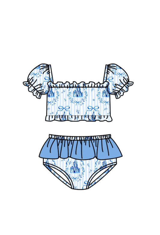 preorder S0758 Blue Castle Bows Girls Swimsuits
