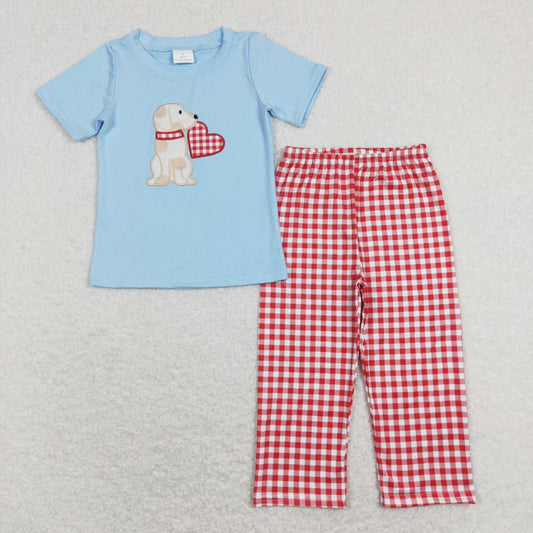 BSPO0269 Embroidery Valentine's Day Dog Heart Blue Short Sleeve Red Checkered Pants Boys Set