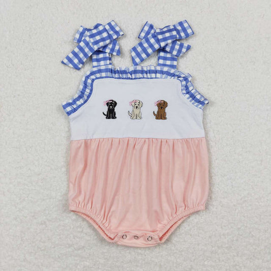 USA SHOP SR1053 embroidery Dogs pink blue checkered sleeveless girls romper