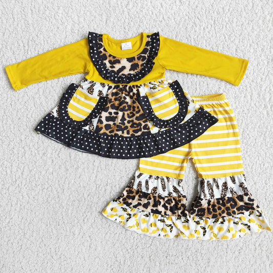 6 B5-2 Yellow Leopard Print Pockets Kids Outfits
