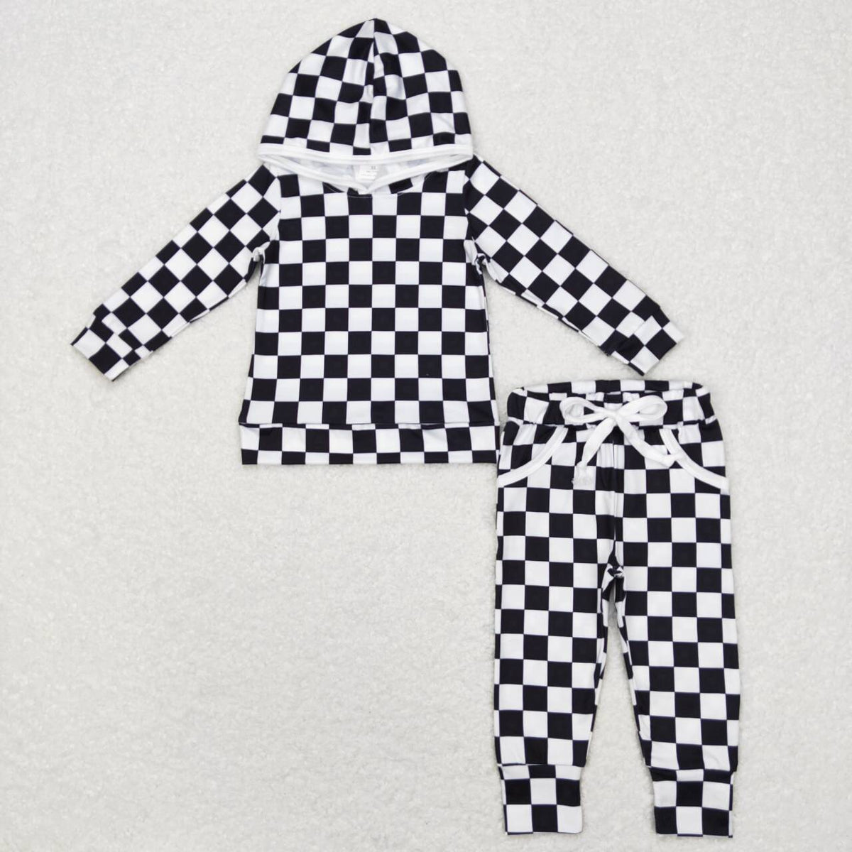 BLP0434 Black checkered long sleeve hoodie pockets pants boys set