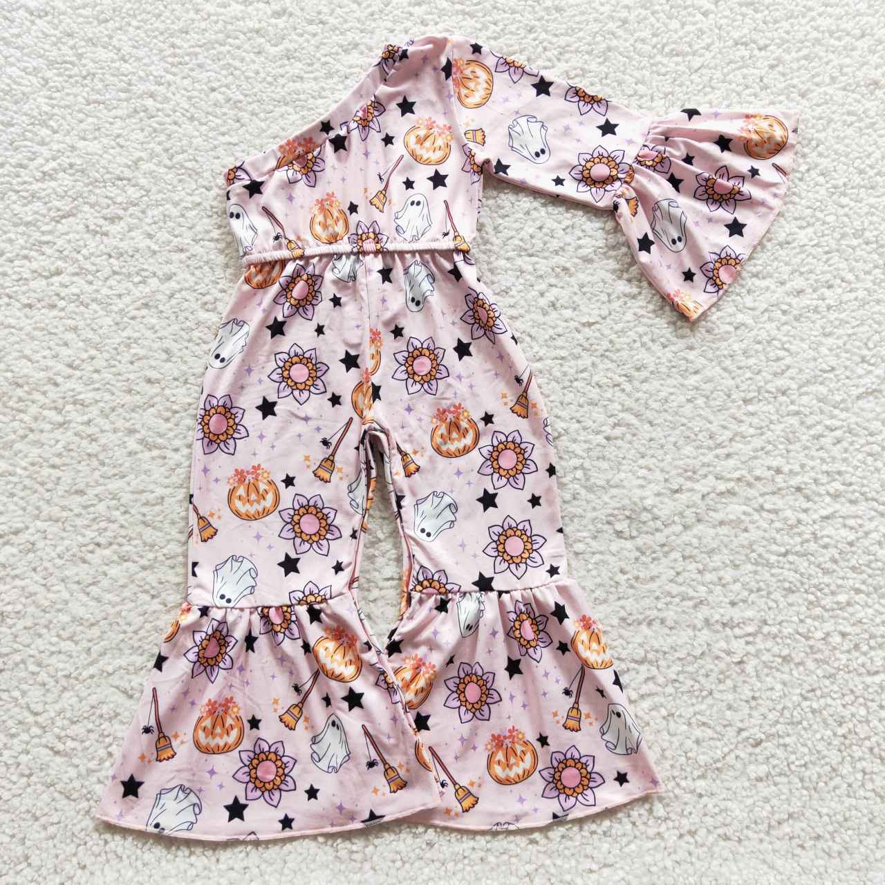 LR0287 Halloween Pumpkin Flowers Pink one-sleeve Jumpsuit