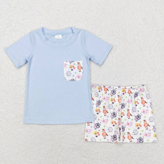 BSSO0352 Farm horse cow blue pocket short sleeve shorts boys set