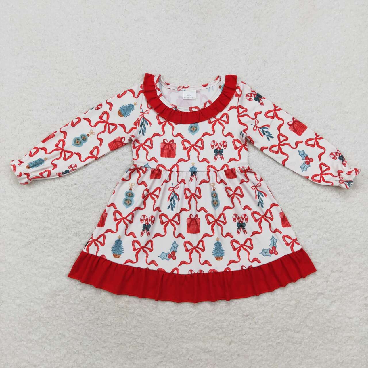 GLD0523 Christmas bow red long sleeve girls dress