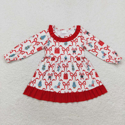 GLD0523 Christmas bow red long sleeve girls dress