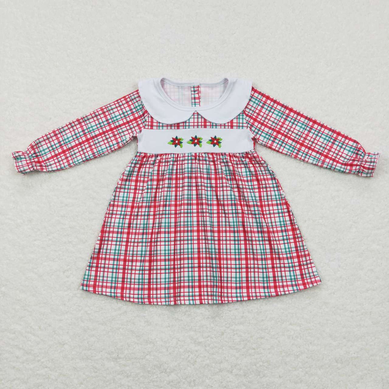 GLD0470 Christmas Holly Berry  red green checkered long sleeve girls dress