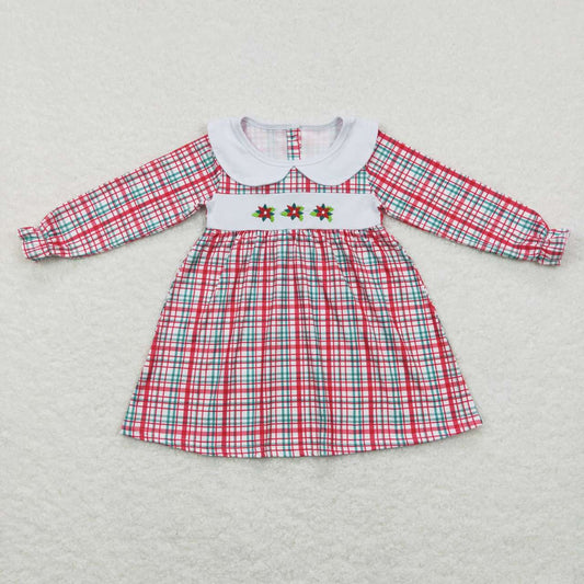 GLD0470 Christmas Holly Berry  red green checkered long sleeve girls dress