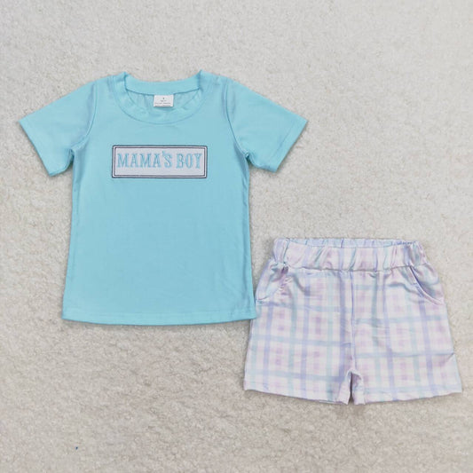 BSSO0624 embroidery Mama's boy cyan short sleeve checkered shorts boys set